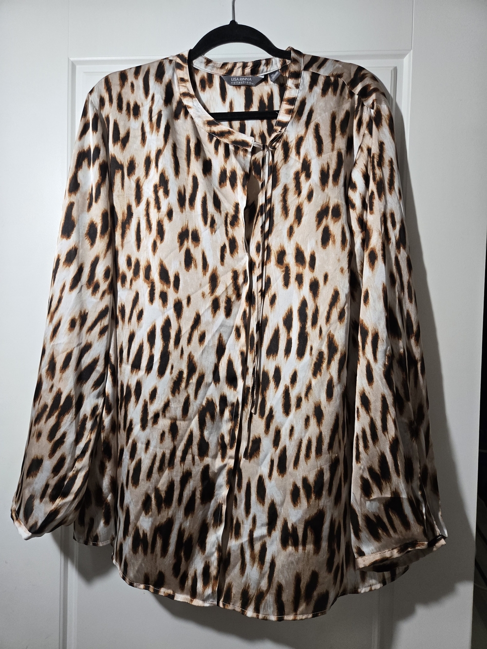 Lisa Rinna Collection Leopard-Print Satin Blouse in Brown and White Size 2xl